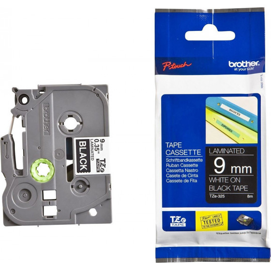 Brother TZe-325 Labelling Tape Cassette - White on Black, 9mm wide - (TZE325)