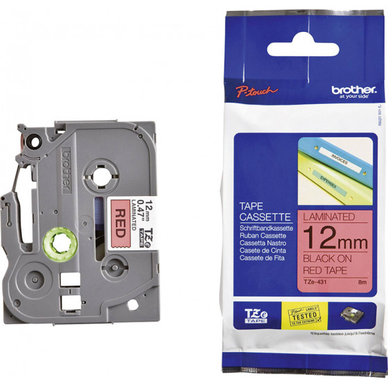 Brother TZe-431 Labelling Tape Cassette - Black on Red, 12mm wide - (TZE431)