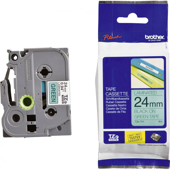 Brother TZe-751 Labelling Tape Cassette - Black on Green, 24mm wide - (TZE751)