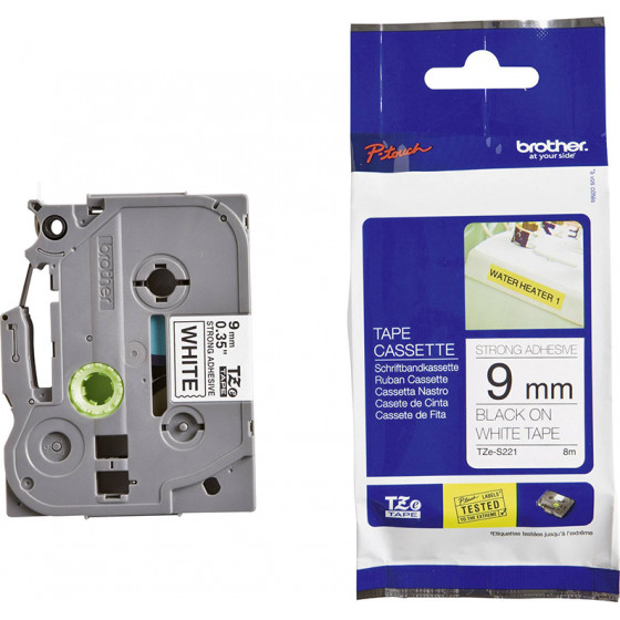 Brother TZe-S221 Labelling Tape Cassette - Black on White Strong Adhesive, 9mm wide - (TZES221)