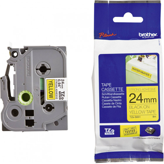 Brother TZE-S651 Labelling Tape Cassette - Black on Yellow Strong Adhesive, 24mm wide - (TZES651)