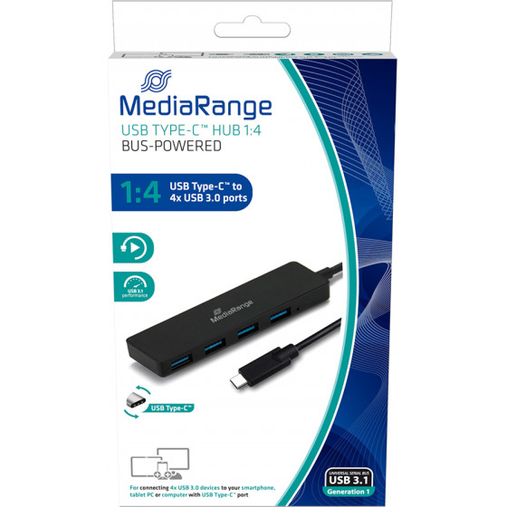 MediaRange USB Type-C(TM) to USB 3.0 hub 1:4, bus-powered, black - (MRCS508)