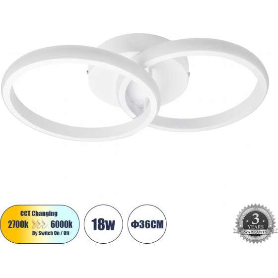 GloboStar CORA ��������� ������ Design LED CCT 18W 2160lm 300� AC 220-240V - �������� �������� ���� �������� On/Off All In One ����� 6000k+������ 4500k+����� 2700k �36 x �20.5 x �7cm - ����� - (61059)