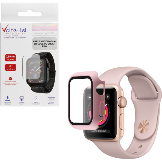 Volte-Tel Tempered Glass Apple Watch 40mm 1.57'' 9H 0.30mm Pc Edge Cover With Key 3D Full Glue Full Cover Pink - (5205308305122)