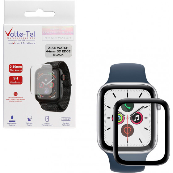 Volte-Tel Tempered Glass Apple Watch 44mm 3D Edge 1.78'' 9H 0.30mm Full Glue Full Cover Black - (5205308305641)