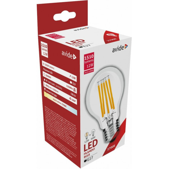 Avide Filament 12W E27 A65 360� 2700K High Lumen - (ABLFG27WW-HL-12W)