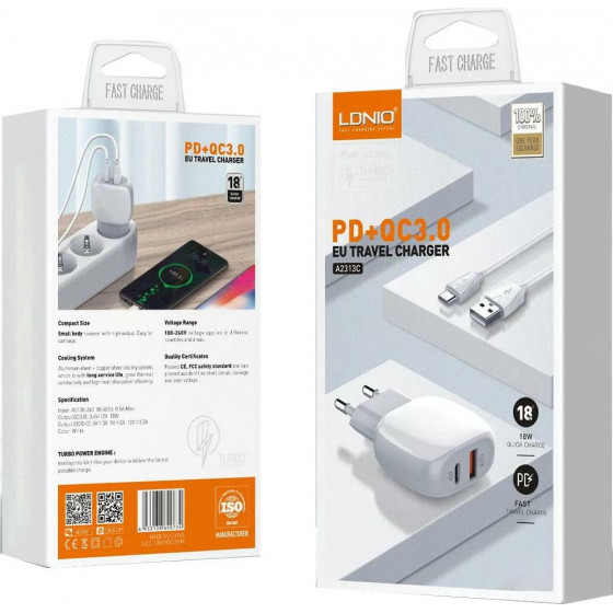 Ldnio A2313C ��������� QC3.0 + Pd 18W �� ������� Lightning 1M - (A2313C-M)