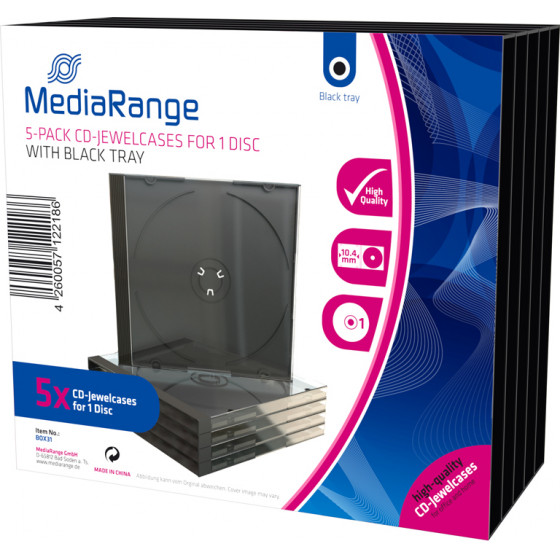 MediaRange CD Jewelcase for 1 Disc 10.4mm Black Tray (5 Pack) - (BOX31)