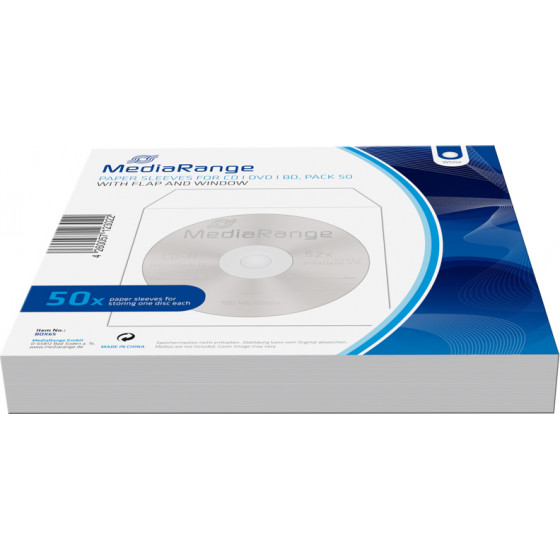 MediaRange Paper sleeves for 1 disc, with flap White Pack 50 - (BOX65)