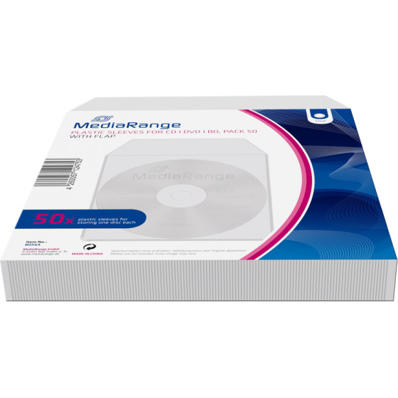 MediaRange Plastic sleeves for 1 disc with flap Transparent Pack 50 - (BOX64)