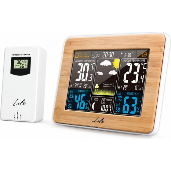 LIFE RAINFOREST BAMBOO EDITION WEATHER STATION WITH ADAPTOR, WIRELESS OUTDOOR SENSOR, CLOCK & ALARM - (221-0119)
