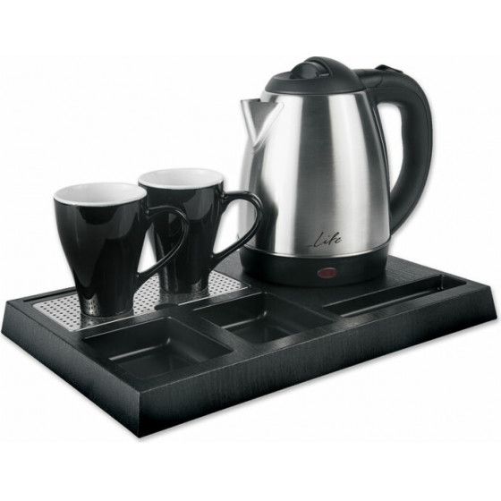 LIFE WELCOME HOTEL TRAY FOR HOTELS WITH 1.2L INOX WATER KETTLE AND 2 CERAMIC CUPS - (221-0111)