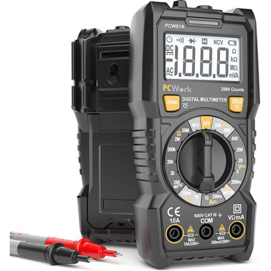 PCWork PCW01A DIGITAL MULTIMETER, 2000 COUNTS, TRMS, AYTO RANGE, NCV FUNCTION, FLASHLIGHT