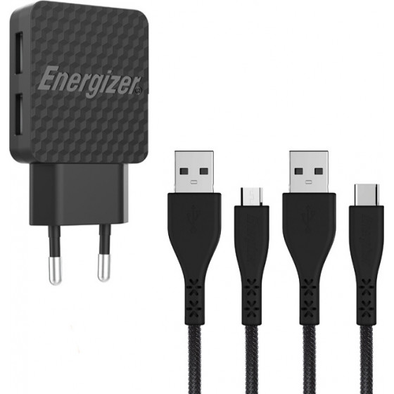 ENERGIZER AC2BEULCMM WALL CHARGER LW 2.4A 2USB EU+USB-C2.0+MCable Black