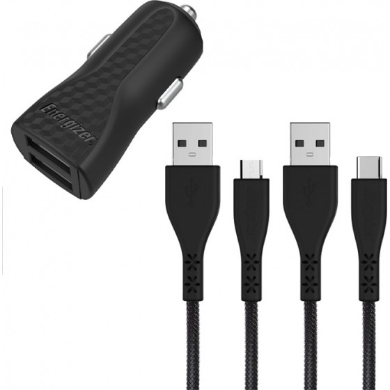 ENERGIZER DC2BLCMM CAR CHARGER LW 2.4A 2USB+USB-C2.0 +Micro Cable Black