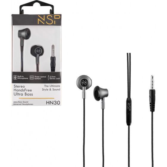 NSP Hands Free Stereo Universal 3.5mm 1.2m Ultra Bass HN30 With Remote And Mic GREY