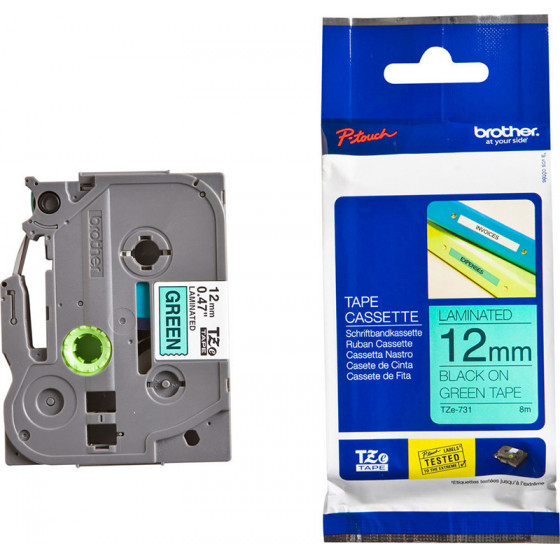 Brother TZe-731 Labelling Tape Cassette - Black On Green, 12mm Wide - (TZE731)