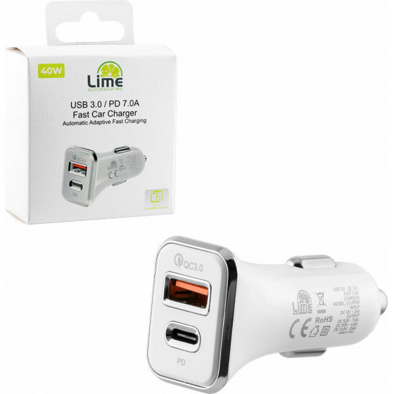Lime Successories Lime Dual ��������� ����������� Usb 3.0/Pd Type C Fast Car Charger Qc 3.0 LCUPD21 40W 5V-7A/9V-4.8A/12V-3.6A WHITE