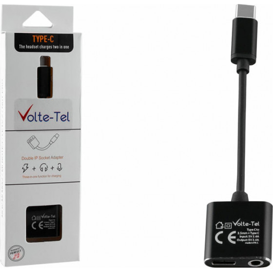 Volte-Tel ����������� 2 In 1 �������� ��� Audio Adapter Type C To 3.5MM JACK+Type C 2.4A BLACK - (5205308228674)