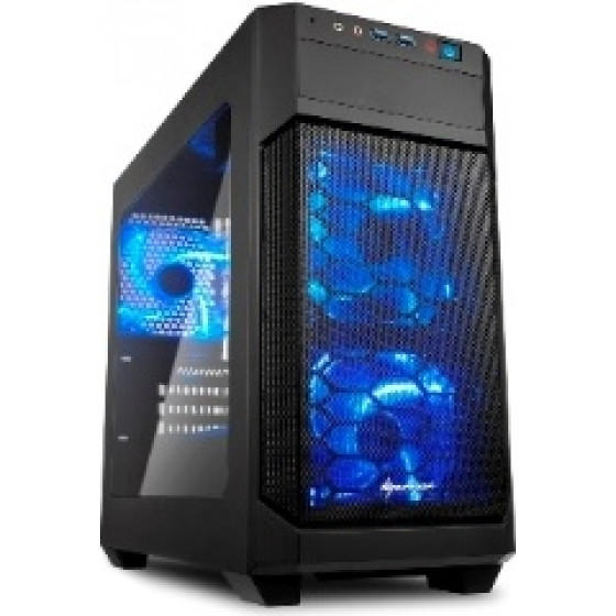 Sharkoon Pc Chassis Mini Tower ATX, BLACK, W/O PSU, 2x12CM Front Blue Led FAN, 1x12CM Rear Blue Led FAN, 2YW. - (V1000 Window)