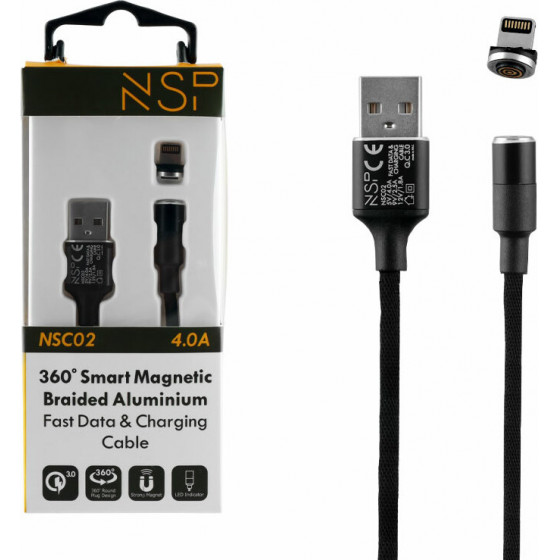 NSP Lightning Usb ��������-Data Magnetic Braided NSC02 4.0A Qc 3.0 1.2m BLACK