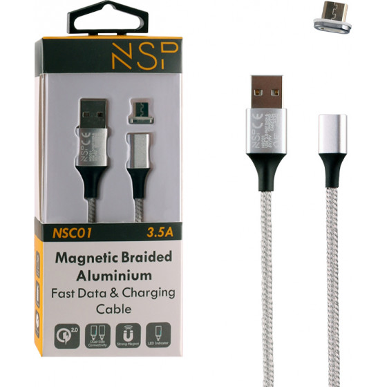 NSP Micro Usb ��������-Data Magnetic Braided NSC01 3.5A Qc 2.0 1m SILVER