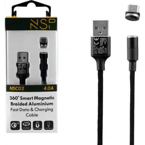NSP Micro Usb ��������-Data Magnetic Braided NSC02 4.0A Qc 3.0 1.2m BLACK