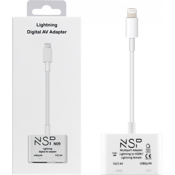 NSP N09 Cable Lightning To Digital Av Adapter HDMI/Lightning Female 2.4A Hd 1080P/4K WHITE