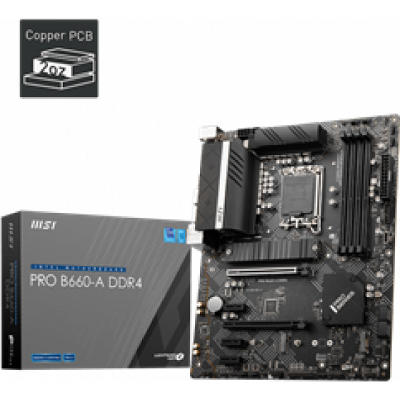 MSI Mb Socket Intel LGA1700 12th GEN, Cs Intel B660, 4 Dimm Sockets DDR4, D-SUB/HDMI/DP, Lan 2.5G, ATX, 3YW. - (Pro B660-A DDR4)