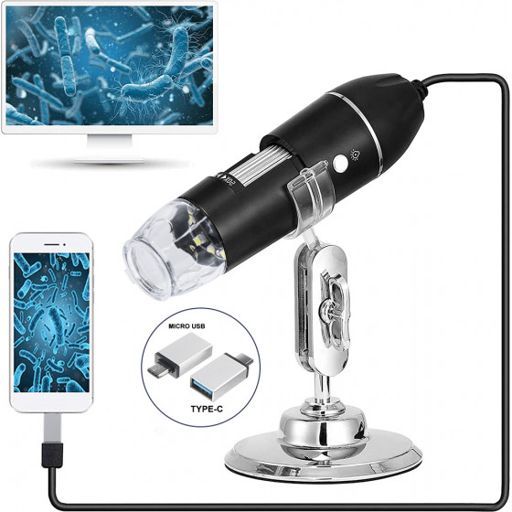 GloboStar Digital Electron Microscope With 8 Led - ������� ����������� ����������� �� 8 Led Usb & Type-C Adapter Dc 5v x1600 Zoom Mode - Video Camera 2MP 1600x1200 �3.5 x �12cm - (79995)