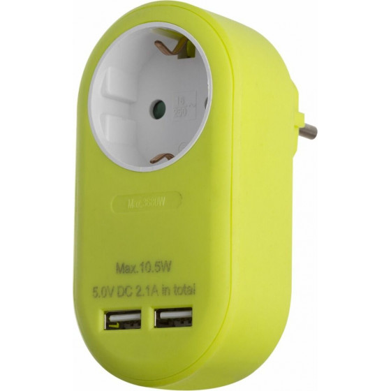 Entac Power Adapter 1 Grounded Socket And 2 Usb (Total 2.1A) Lime - (EPAG-1EE-2USB-L)