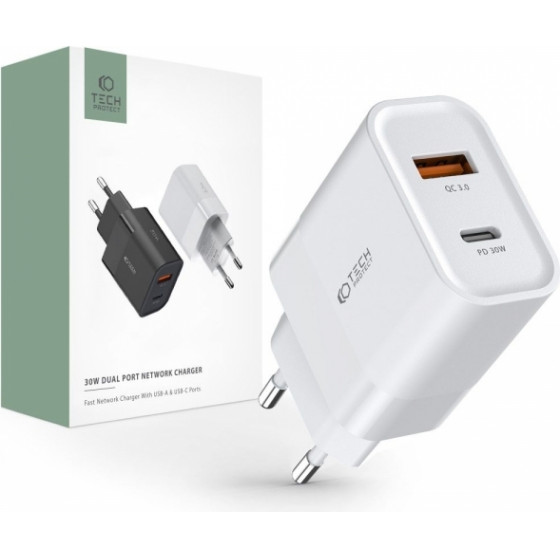 Tech-Protect Travel Charger C30W 2 Port PD30W/QC3.0 White - (TPC30W)