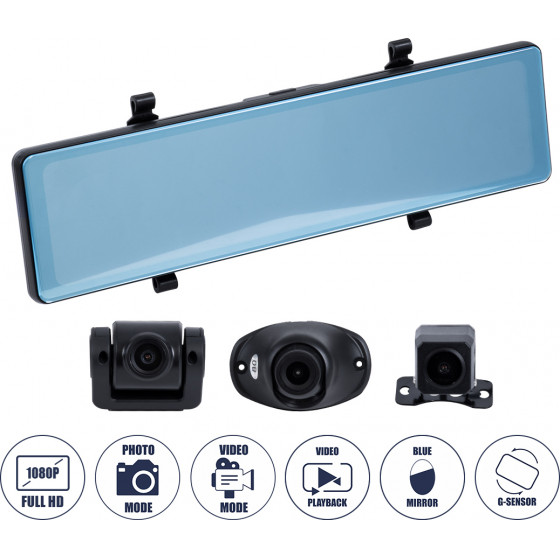 GloboStar ��������� ����������� �� 3 ������� 3CHs Ahd 1080P 170� - 4G Sim Card Slot - Wifi - Gps Navigator - Bluetooth - G Sensor - 24h Monitoring - Fm Transmitter - ��������� ����� - ����� - (86057)