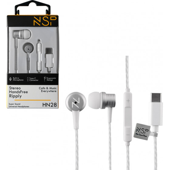 NSP Hands Free Stereo Universal Type C 1.2m Ripply HN28 With Remote And Mic WHITE