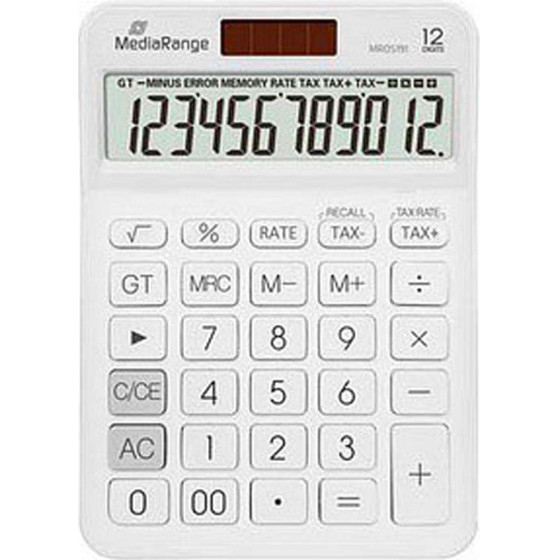 MediaRange Calculator with tax function, 12-digit LCD, solar and battery powered, white - (MROS191)