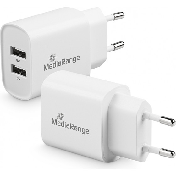 MediaRange 12W Charger With Two USB-A outputs, White - (MRMA114)