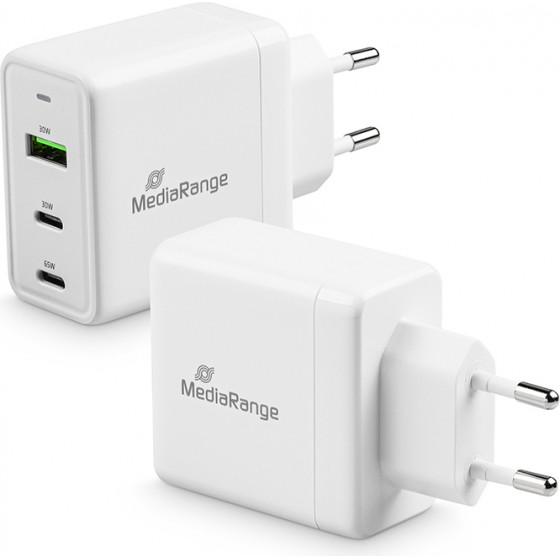 MediaRange 65W Fast Charger With USB-A And Two USB-C outputs, White - (MRMA116)
