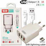 XO L72 Eu QC3.0+2.1A 3xUsb Lightning cable - (6920680875238)