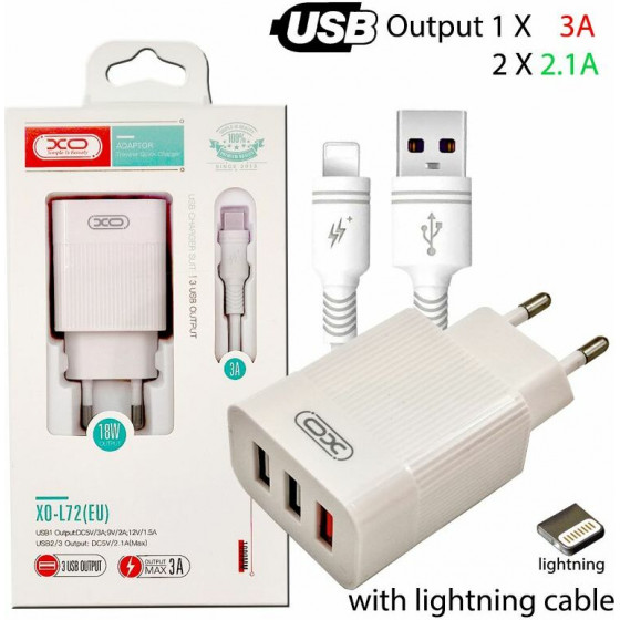 XO L72 Eu QC3.0+2.1A 3xUsb Lightning cable - (6920680875238)