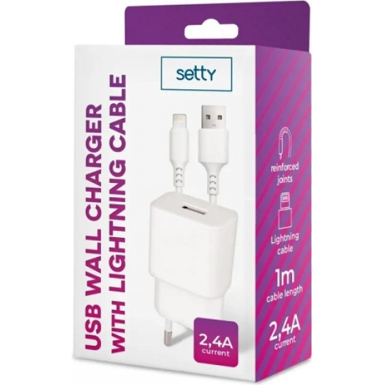 Setty Travel Charger 2.4A + Data Cable Lightning 1m White - (GSM108850)