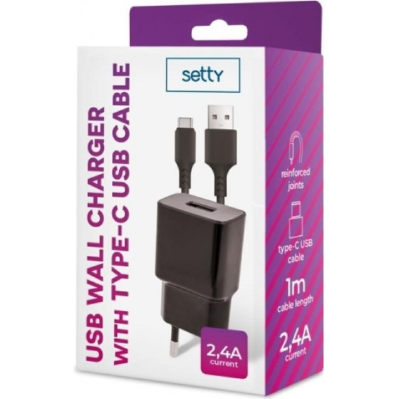 Setty Travel Charger 2.4A + Data Cable Type C 1m Black - (GSM108852)