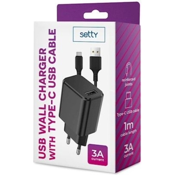 Setty Travel Charger 3A + Data Cable Type C 1m Black - (GSM0106087)