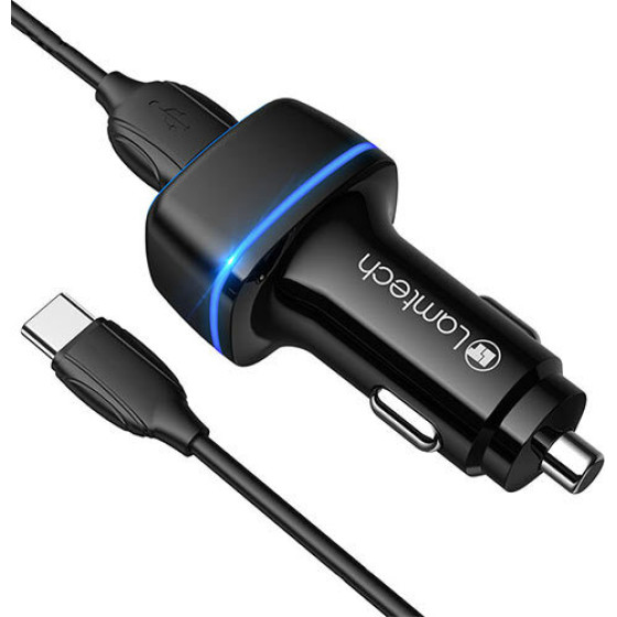 Lamtech 2xUsb 2,4A Car Charger With TYPE-C Cable 1M Black - (LAM112563)