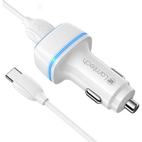 Lamtech 2xUsb 2,4A Car Charger With TYPE-C Cable 1M White - (LAM112570)