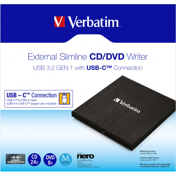 Verbatim External Slimline CD-Dvd Writer-Reader, Usb 3.2 - (43886)