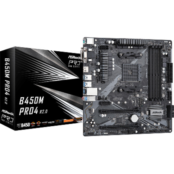 Asrock Mb Socket Amd AM4, Cs Amd B450, 4 Dimm Sockets DDR4, D-SUB/DVI-D/HDMI, Lan GIGABIT, MICRO-ATX, 2YW. - (B450M PRO4 R2.0)
