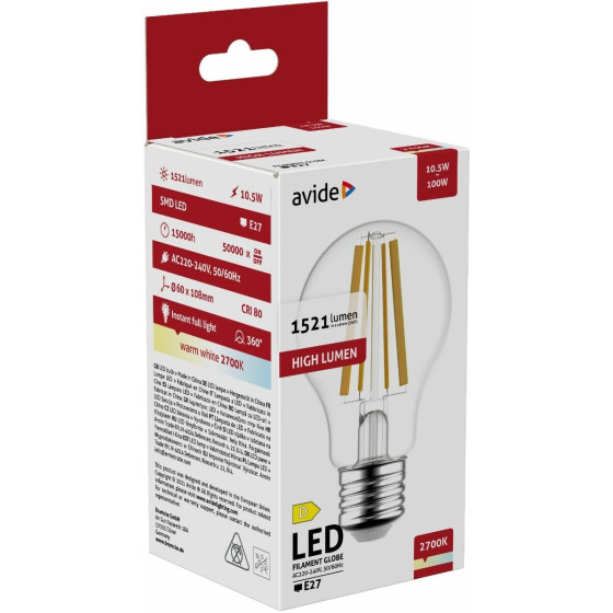 Avide Led Filament Globe 10.5W E27 A65 360� Ww 2700K High Lumen - (ABLFG27WW-HL-10.5W)