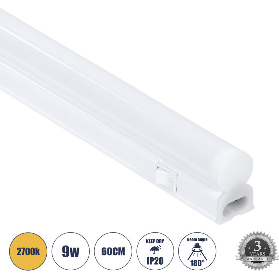 GloboStar Tubo �������� ��������� ������ Linear Led ����� T5 ������������� 9W 864lm 180� Ac 220-240V IP20 ������ �������� �� �������� On/Off �60 x �2.2 x �3.5cm ����� ����� 2700K - ����� - 3 Years Warranty - (60789)