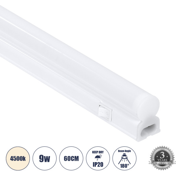 GloboStar Tubo �������� ��������� ������ Linear Led ����� T5 ������������� 9W 882lm 180� Ac 220-240V IP20 ������ �������� �� �������� On/Off �60 x �2.2 x �3.5cm ������ ����� 4500K - ����� - 3 Years Warranty - (60788)