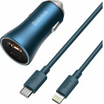 Baseus Car Charger Golden Contactor Pro Dual Quick Charger (With Type-C - Lightning 1m Blue) 40W Blue - (TZCCJD-03)